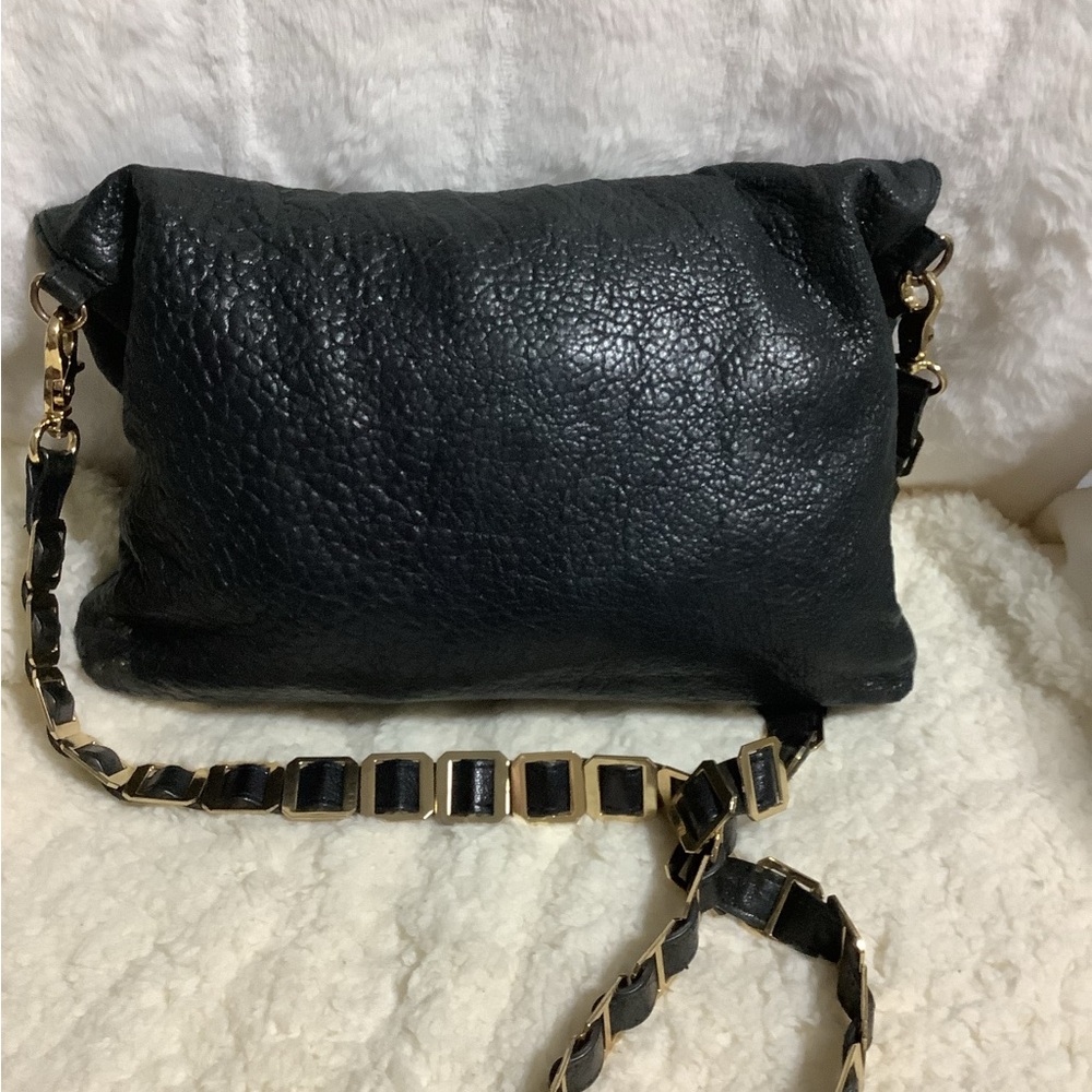 Tory Burch Black Leather Fold-Over Shoulder Bag with Gold Accent - Picture 4 of 5